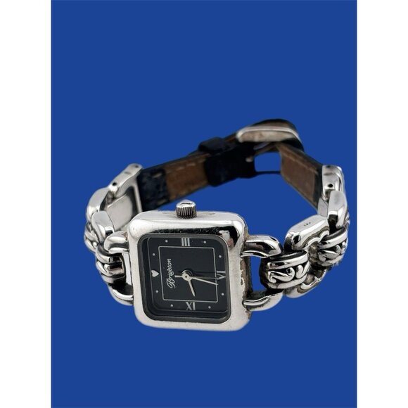 Brighton Columbia Silver Plated & Black Leather Watch New Battery - Picture 1 of 6